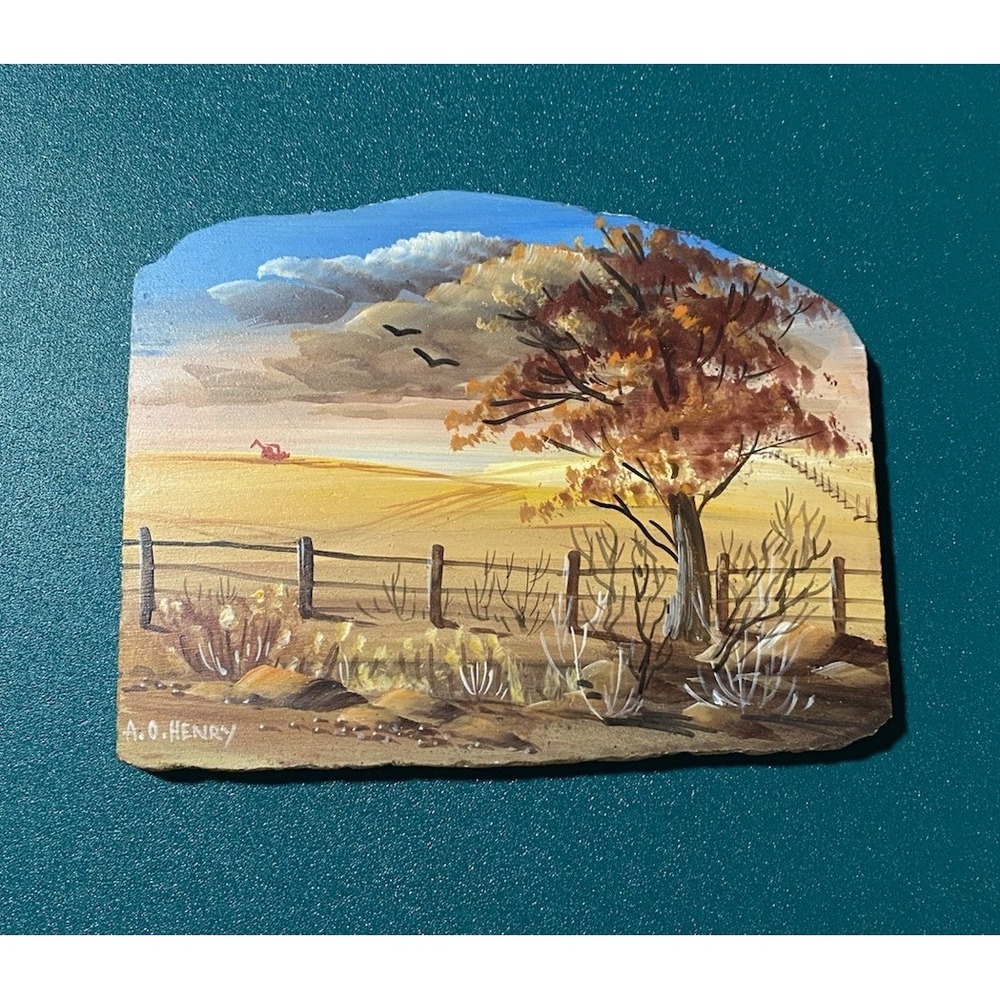 1970's Original A.O.HenryHand-Painted Stone Slab Landscape Painting Nebraska Art